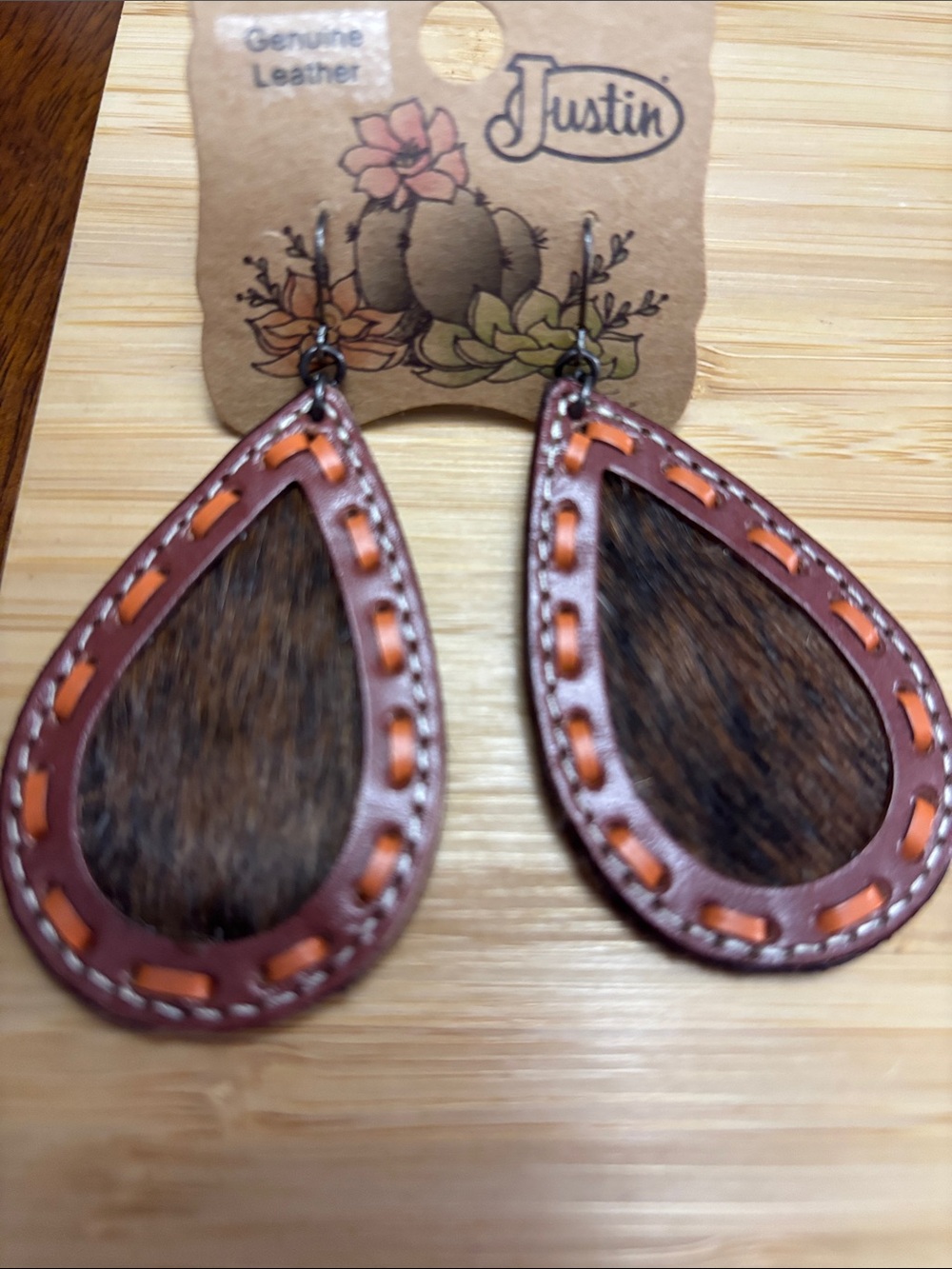 Justin Boots Brown Leather Teardrop Earrings with Orange Stitching